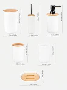 6PCS Bathroom Accessories Set, Plastic & Bamboo Bath Ensemble Kit With Lotion Dispenser, Toothbrush Holder, Toothbrush Cup, Soap Dish, Toilet Brush & Holder, Trash Can,Birthday, Holiday, Housewarming,Christmas Gift Set - Multicolor - View 4