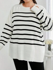 EURMUSE Suéter de talla grande con patrón de rayas y hombros caídos, para invierno - Blanco y Negro - Ver 6