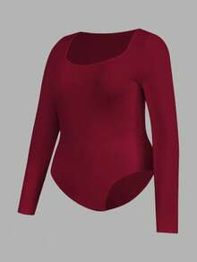 SHEIN Essnce Modische Lässig Business Outfit für Damen in Große Größen, 2-teilig, Schwarz, Burgund, Ankerrot, Mehrteiliger enger Jumpsuit mit Bodycon-Schnitt, Quadratischem Ausschnitt und Langarm