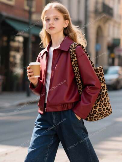 Tween 女童休闲夹克，酒红色衣领，弹性下摆，仿皮，适合旅行、运动、休闲穿着