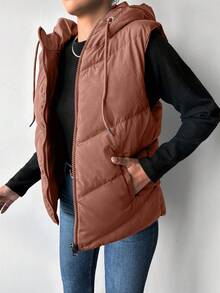 EURMUSE Women's Solid Color Zipper Front Drawstring Hooded Vest, Regular Fit Winter Jacket - Coral Pink - View 5