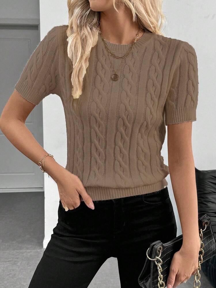 EMERY ROSE Jersey de punto con cuello redondo y decoración de cuerda retorcida, inspirado en bloggers, versátil para otoño/invierno - Camel - Añade 7