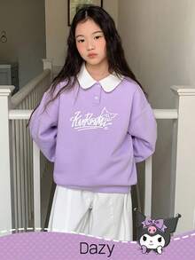 HELLO KITTY AND FRIENDS | SHEIN 秋冬款 Tween Girl 翻领针织字母图案卫衣 - 紫色 - 查看 4