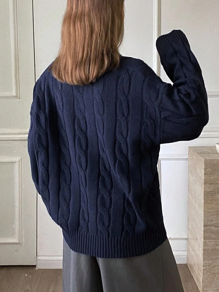 V-Neck Cable Knit Sweater For Women, Embroidered Collar Design, Loose Fit, Autumn/Winter