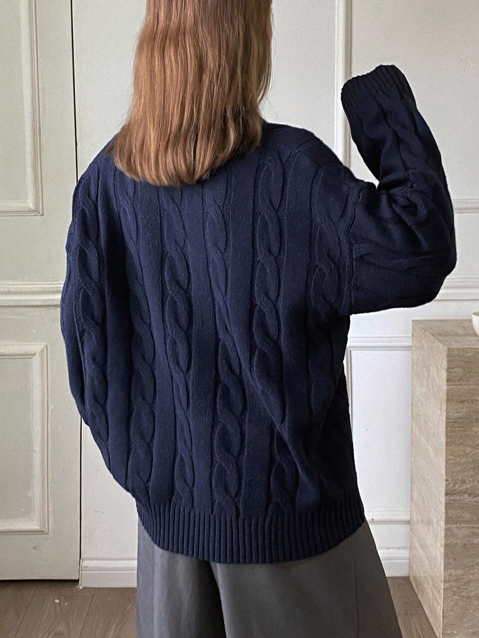 V-Neck Cable Knit Sweater For Women, Embroidered Collar Design, Loose Fit, Autumn/Winter