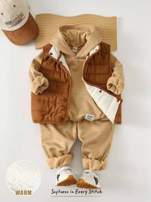 Cozy Pixies 3pcs/Set Young Boy Solid Color Knit Soft Crew Neck Long Sleeve Pullover Sweatshirt, Elastic Waist Jogger Pants, Sleeveless Vest Tan Outfit Kids Boy Clothes Set Winter Boys Autumn Winter Casual Two Piece Set - Multicolor - View 9