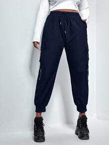 SHEIN EZwear Black Plus Flap Pocket Drawstring Cargo Pants - Navy Blue - View 4