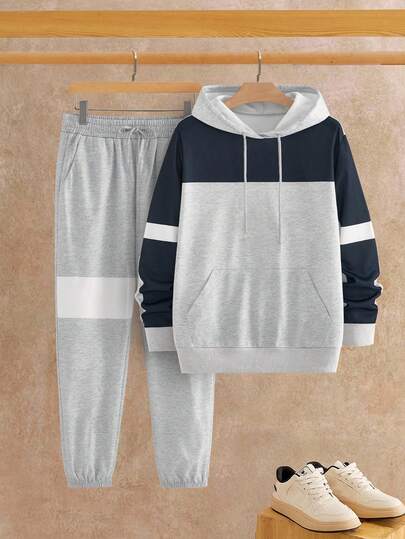 Manfinity NXTstreet Men Casual Contrast Color Drawstring Hoodie And Sweatpants Set, For Fall Winter, Clothes