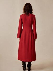 Florisole 女式 V 领前系带长袖连衣裙 - 紅色 - 查看 2