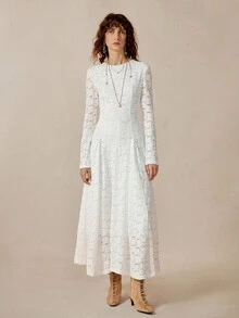 Rafferiza 女士优雅波西米亚长袖经典圆领修身长款白色连衣裙，搭配精致蕾丝面料，适合春秋季节 - 白色 - 查看 8