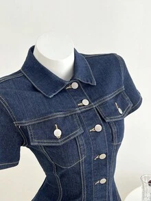 Elamini Women's Fashionable Casual Single-Breasted Denim Dress - Blue - View 4