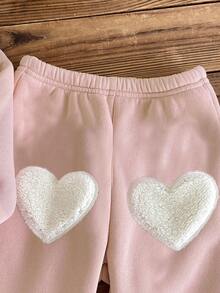 2pcs/Set Baby Girl Cute Dusty Pink Outfit,Plush Collar Long Sleeve Top + Plush Heart Decor Pants,Comfortable Autumn Winter Daily Wear Fall Clothing - Pink - View 6