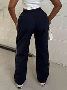 Alexandranx 松紧腰抽绳直筒裤春夏休闲可爱度假机场裤 - 藏蓝色 - 查看 2