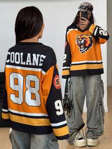 Coolane 女式秋季街头休闲运动装数字图案红色超大长袖平纹针织 T 恤 - 彩色 - 查看 2