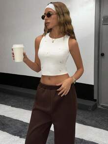 EURMUSE Mini Heart Print Ribbed Tank Top, Cotton Blend, All-Over Red Heart Embroidery Pattern, Sleeveless Design, Round Neck, Cropped Length, Fitted Style, Summer Collection, Casual Wear, Sweet Heart Embroidered Vest Top,Y2K Fashion Inspired Design - White - View 4