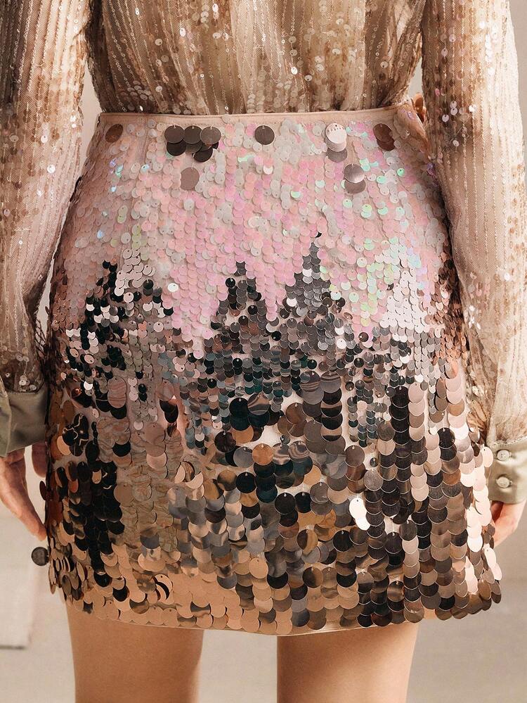 Elegant Champagne Color Sequin Mini Skirt For Women, New Autumn Collection
