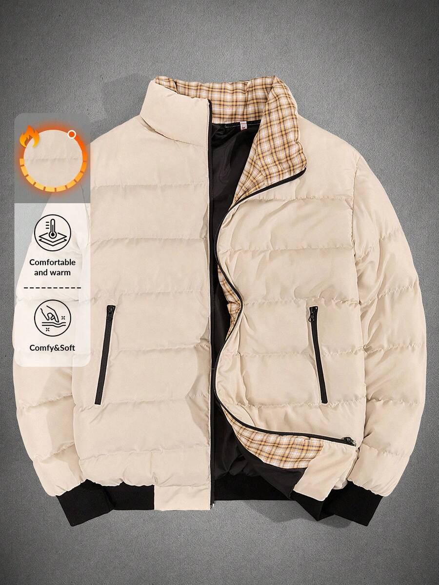 RueChic Men Plaid Printed Lining Patched Regular Wintercoat - Beige - View 1