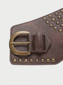 ROMWE J-Fashion 1pc Women's Brown Furry Decor Western Boho Style Rivet Embellished Wide Waist Belt, Versatile Accessory For Dresses, Jeans - Brown - View 9