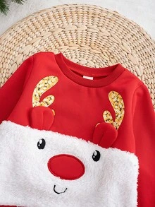 Cozy Pixies 2pcs/Set Baby Boy/Girl Christmas Reindeer Pattern Contrast Color Knit Soft Round Neck Long Sleeve Pullover Sweatshirt And Elastic Waist Ankle Length Pants, Comfortable Versatile Casual Basic Style, Suitable For Indoor, Outdoor, Daily Wear, Sports, Play, Party, Festival, Halloween, Christmas, New Year In Autumn/Winter - Red - View 5