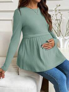 SHEIN Áo thun trơn cổ tròn tay dài dáng rộng cho bà bầu - màu xanh lá - Xem 3