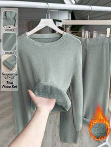 EMERY ROSE New Fashion Autumn/Winter Round Neck Fluffy Loose Casual Slouchy Knitted Wide Leg Pants & Sweater 2 Pieces Set - Light Grey - View 5