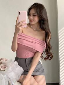 DAZY 女式纯色露肩紧身短款上衣 T 恤外出上衣