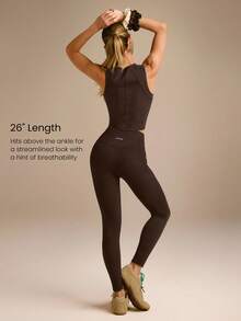 GLOWMODE 26" FeatherFit™-Warm CozyCore Soft Warm Stretchy High-Rise Waist Front Seam Zipper Side Pockets Leggings Low-Impact Yoga Pilates Studio Daily Casual Fall Winter - Chocolate Brown - View 2