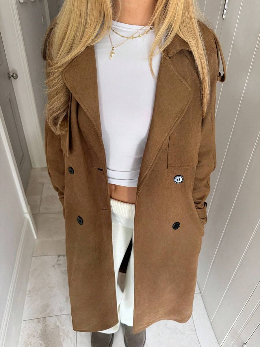 CovetEZ Women's Autumn And Winter Elegant Office Camel Mid-Length Windbreaker,Retro Suede Corduroy Casual Versatile Fashion Jacket Coats - Brown - View 1