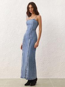 Selenza 女式双排扣长款休闲时尚牛仔连身裤 - 藍色 - 查看 6