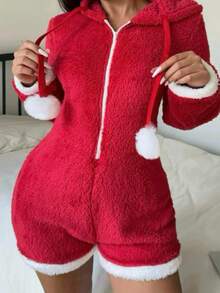 Lowkey Lull 圣诞风毛绒连帽连体衣，圣诞绒球装饰拉链连体衣，俏皮女孩，休闲年轻风，撞色设计，圣诞家庭聚会，情侣装，女士家居服，蓬松柔软，舒适保暖 - 紅色 - 查看 4