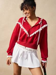 VARSIVA 女式撞色蕾丝荷叶边下摆落肩拉链连帽运动夹克 - 彩色 - 查看 4