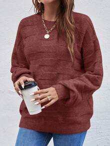 EMERY ROSE 女士休闲日常通勤简约纯色灯笼袖宽松套头衫，秋冬 - 棕色 - 查看 4