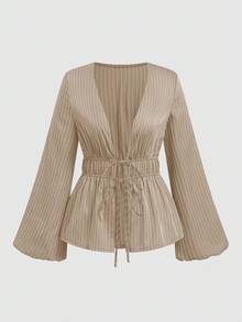 Sweetra Front Tie Deep V Slit Flare Sleeve Cinched Waist Fitted Brown & White Striped Casual, Commute, Date Night Elegant Relaxed Blouse Top, Plus Size - Khaki - View 1
