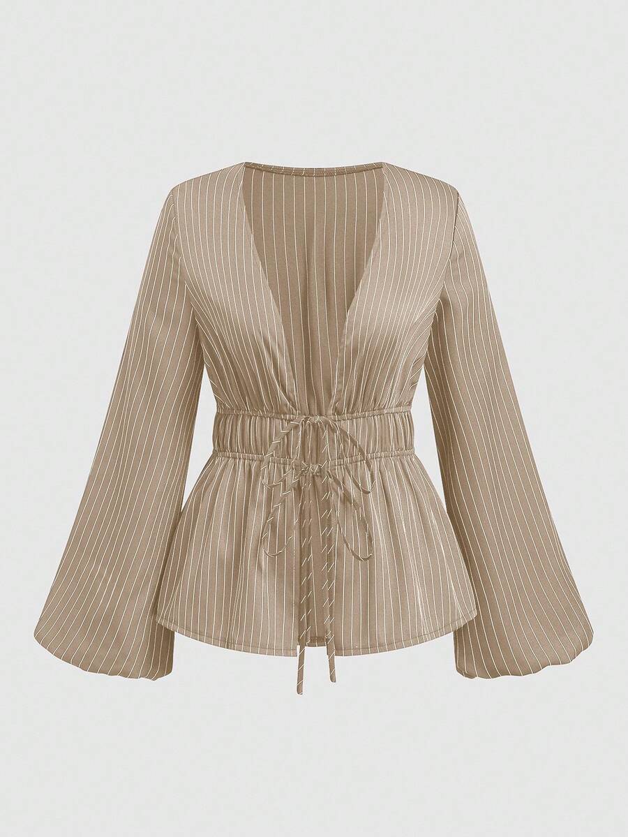 Sweetra Front Tie Deep V Slit Flare Sleeve Cinched Waist Fitted Brown & White Striped Casual, Commute, Date Night Elegant Relaxed Blouse Top, Plus Size - Khaki - View 1