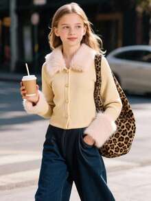 青少年女孩蓬松长袖单排扣休闲夹克，秋冬