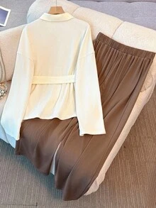 Franclia 女士优雅知性长袖开衫和裤子两件套，秋冬时尚穿搭 - 杏色 - 查看 2