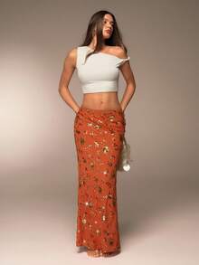 Avantive 秋季/返校/乡村音乐会/外出/生日/万圣节服装/休闲/Y2k/2000 年代/Y2k 服装 Y2k/90S/性感/西部服装女士/乡村/俱乐部/办公室/鸡尾酒会/复古/紧身/狂欢橙色亮片美人鱼下摆裙 - 棕色 - 查看 3