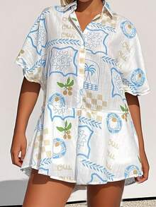 INAWLY Plus Size Women Tropical Print Shirtdress