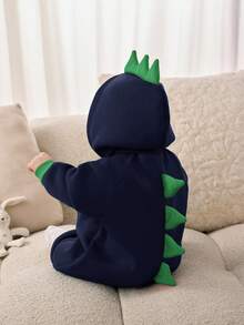 SHEIN 新生男婴可爱拼色针织恐龙连帽加厚连体衣，秋冬 - 藏蓝色 - 查看 4