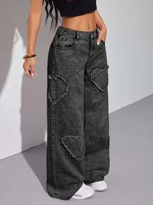 SHEIN PETITE 女式休闲百搭纽扣口袋阔腿直筒牛仔裤 - 黑色 - 查看 4