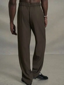 PAVTROS Hombres Pantalones de traje con diseño de botón con bolsillo oblicuo - Café integral - Ver 2