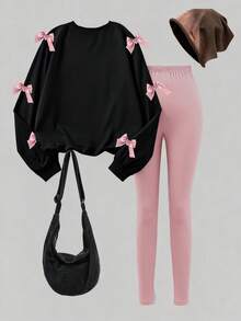 Sparklyn 2pcs/Set Teens' Minimalist Fashion Pink Bow Black Top And Pink Pants Sweatsuit Fall Winter - Multicolor - View 2