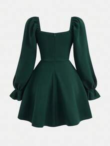 Girlism Teen Girls' Solid Color Sweetheart Neck A-Line Waist Dress - Dark Green - View 2