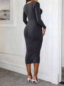 Xyvia Sweetheart Neck Ribbed Knit Bodycon Sweater Dress Fall Winter Cloth For Women - Grey - View 2