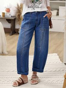 EMERY ROSE 女式口袋喇叭休闲宽松牛仔裤 - 藍色 - 查看 4