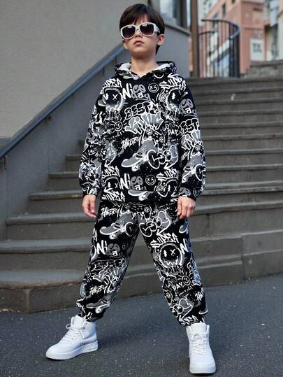 SHEIN 2 件儿童/青少年男童休闲日常百搭舒适印花连帽运动衫和宽松慢跑裤套装，保暖内衬，厚款