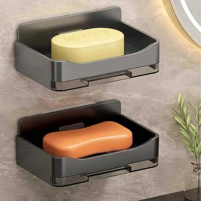 1 件 13.3 厘米 * 8.3 厘米壁挂式皂碟，无需钻孔，独特的塑料皂液器、皂架、带沥水架的皂碟，适用于浴室、卫生间和厨房的塑料免钻孔皂碟，壁挂式带托盘皂盒，适用于宿舍和家居装饰，节省空间，无需钻孔壁挂式矩形设计，带沥水盘和挂钩，浴室配件，浴室装饰，浴室，浴室配件。返校