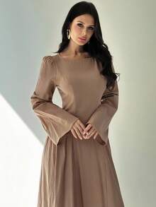 Firerie Váy cotton nguyên chất màu nâu, dáng chữ A, cổ thuyền, eo thắt, tay loe, đơn giản, phong cách đường phố, thời trang thu đông dành cho nữ - màu nâu - Xem 5