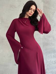 Firerie Robe longue élégante et minimaliste pour femmes, col asymétrique froncé, ourlet inégal, manches évasées, couleur bordeaux, convient pour les occasions formelles et la rentrée scolaire