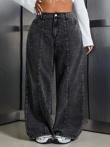 SHEIN CURVE+ 大码休闲简约牛仔裤，适合夏季，曲线加大，Hoho 度假 - 黑色 - 查看 6